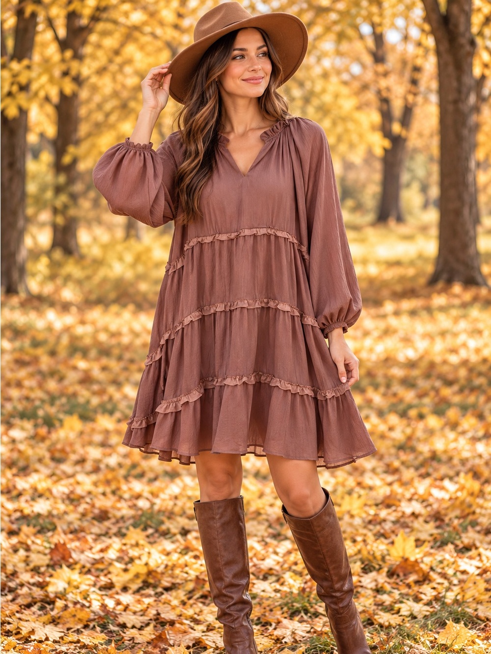 Entro Mauve Brown Ruffle Tiered Boho Dress Size Large